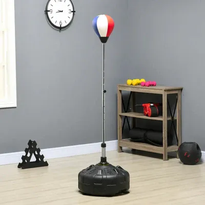 Image de Sac de frappe avec support - Balle de réflexe | Couleur : Rouge et noir | Dimensions : 48x48x147-165 cm