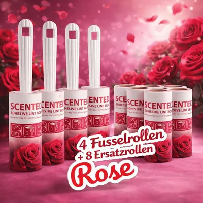 Produktbild von 4 Fusselrollen mit Rosen Duft + 8 Ersatzrollen Kleiderroller Fussel Bürste