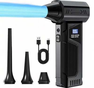 Produktbild von Elektrische Staubgebläse - 4 Stufen 110000 U/min, USB Wiederaufladbarer Blower mit 4000mAh Akku-LED Licht, 3 Düsen für Reinigung Auto, PC