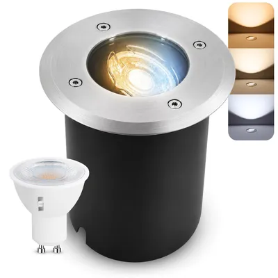 Produktbild von SSC-LUXon JUAVI Bodeneinbauleuchte aussen IP67 LED - Bodenstrahler silber rund 230V befahrbar - inkl. GU10 LED Lampe LumiFLEX 5W drei Lichtfarben
