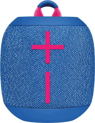 A blue and pink Ultimate Ears Wonderboom 3 Bluetooth speaker is shown against a white background.