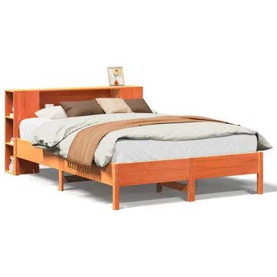 Produktbild von vidaXL Massivholzbett mit Regal ohne Matratze Wachsbraun 140x200 cm