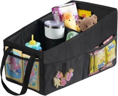 Immagine prodotto di Veicolo giocattolo per bambini con vano bagagli per il sedile posteriore e il sedile del passeggero, contenitore pieghevole multifunzionale dotato di maniglie e numerose tasche per riporre giocattoli, libri, snack e bottiglie d'acqua.