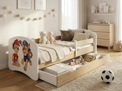 Produktbild von Sicheres Kinderbett "Happy" 140x70 Holzoptik | Komplett-Bett mit Schublade & Abnehmbarem Rausfallschutz