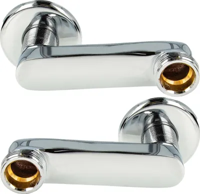 Two chrome-plated S-shaped connectors for wall-mounted faucets.