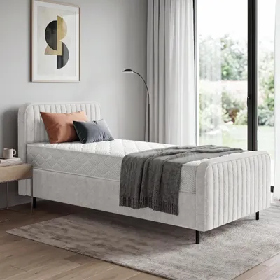 Produktbild von BEAUTYSOFA | Polsterbett LAMI 90x200 cm - Einzelbett mit Bettkasten & Matratze MEDIRO FORM H2, Kopfteil und Latenrost - Jugendbett in Creme