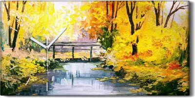 Produktbild von Wandbild Leinwand Bilder Wanduhr 60x30 Malerei Landschaft bunte Herbst Wald - weiße Hände