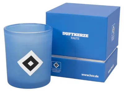 Produktbild von HSV Duftkerze Vanille Raute Blau, 7x7x8 cm, 24h Brenndauer, wiederverwendbares Glas, Offizielles Lizenzprodukt