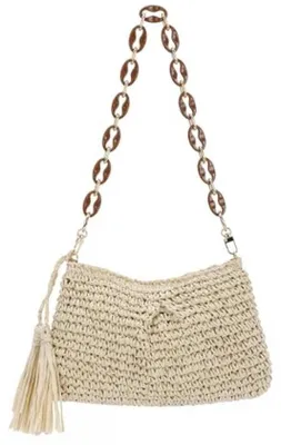 Produktbild von Famanu Schultertas Raffia - Damen Strohtasche mit Acrylkette