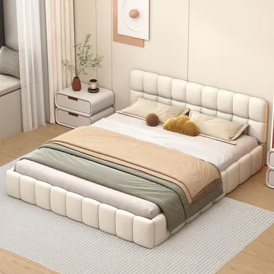 Produktbild von CDGlobal Polsterbett 140 x 190 cm, Jugendbett, Doppelbett mit weicher Rückenlehne, Flachbett mit Polsterumrandung, Lattenrost Leinen Beige