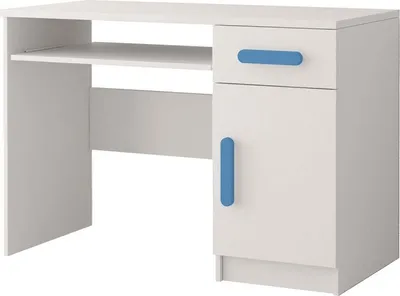 A white desk with blue accents against a white background.
