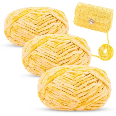 Zdjęcie produktu dla Wełna chenille do szydełkowania i robienia na drutach, włóczka aksamitna, żółta, 3 sztuki po 100g, grubość 6 mm