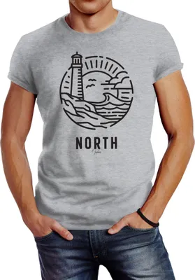 Produktbild von Herren T-Shirt Logo Outline Art maritim Leuchtturm Welle Aufdruck North Slim Fit Neverless® grau L