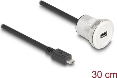 Produktbild von Delock USB 2.0 Micro-B Einbaubuchse mit Kabelpeitsche Stecker 30 cm Aluminium (88184)