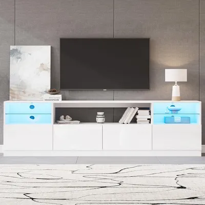 Produktbild von TV-Schrank mit LED-Beleuchtung, offener Schrank, 4 Flügeltüren,8 Stauräume,Weiß Hochglanz-Schrank ,TV-ständer für Fernseher bis zu 75 Zoll