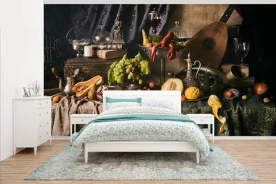 Produktbild von MuchoWow® Fototapete für Wohnzimmer oder Schlafzimmer Wandtapete Vinyl Motivtapete Stilleben - Essen - Tisch - 465x260 cm - Hintergrundbild
