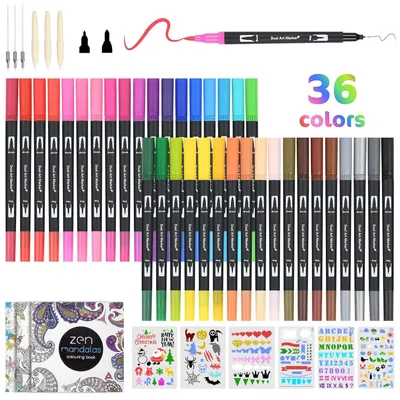 Produktbild von TRANKIELO® – Pinselstifte, beidseitig – 36 Stifte in verschiedenen Farben, Filzstifte und Fineliner – Ideal zum Zeichnen und Skizzieren