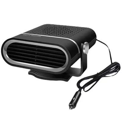 A black and silver car heater with a power cord and plug.