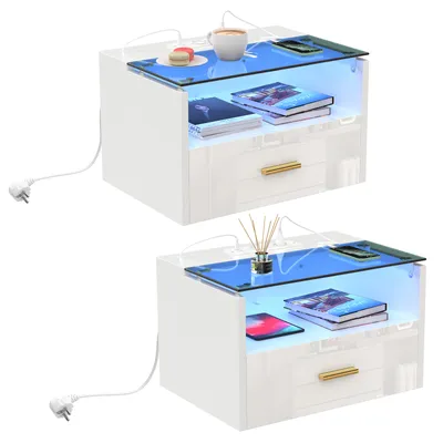 Produktbild von 2x LED Hängender Nachttisch,Schwebender Nachtschrank mit Steckdose,Beistelltisch Holz moderner Nachttisch für Schlafzimmer 42x30x26cm(Oberes Glas+MDF)