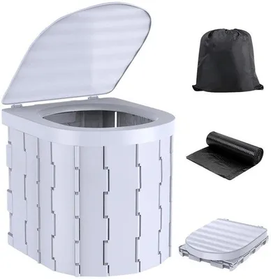 Productafbeelding van Draagbaar, inklapbaar campingtoilet - Zelfstandig accessoire voor buitenshuis - Met geïntegreerd zwart deksel - Transporttas - 20 reinigingszakken - 33*28*30 cm - Wit