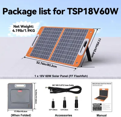 Immagine prodotto di Pannello solare pieghevole - TSP18V60W - 60 W 18 V - Monocristallino - Ricarica rapida USB-C e QC3.0 - Uscita CC - Per power bank, cellulari e tablet