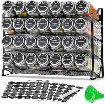 Produktbild von PolkaHome® 4-stöckiges Gewürzregal mit 28 Gewürzgläsern, 180 Etiketten, Wandmontage oder Standregal für Küche, Arbeitsplatte,