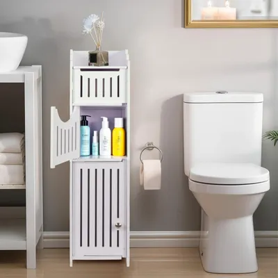 Imagen del producto de Soporte de papel higiénico blanco de pie para baño, con armario de almacenamiento