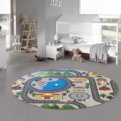 Produktbild von Kinder Spielteppich mit Stadtlandschaft auf Hintergrund in grau Größe - 200 cm Rund
