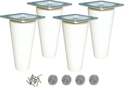 Four white furniture legs with metal mounting plates are shown on a white background, along with screws and felt pads.