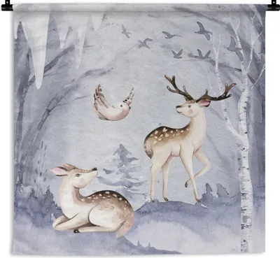 Produktbild von MuchoWow® Wandteppich Wandbehang Winter - Vogel - Hirsch 150x150 cm Tapisserie Dekoration Wandtuch - Wohnaccessoires - Modernes