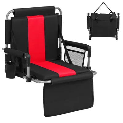 Zdjęcie produktu dla COSTWAY Krzesło stadionowe z oparciem, składane krzesło trybunowe z haczykami mocującymi, kieszenią i uchwytem na napoje, ergonomiczne krzesło stadionowe w kolorze czerwonym