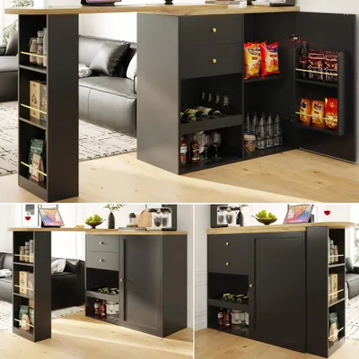 Produktbild von 360° drehbarer Bartisch (105×39×102 cm) mit 2 Schubladen und einer Schiebetür. 3 offene Ablageflächen.