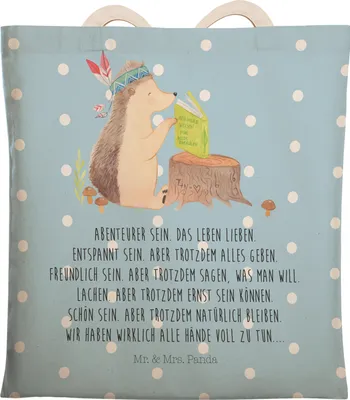 Produktbild von Mr. & Mrs. Panda shopping bag Igel Federschmuck - Blau Pastell - Geschenk, Indianer, Tiere, Abenteuer, Tasche, Stofftragetasche, Tote, Camping, Große Einkaufstasche