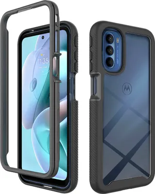 A collage showing a phone case from two different angles, one showing the front with a phone inside and the other showing the back.