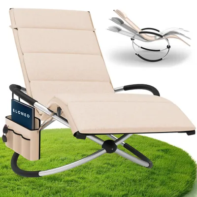 Image de ELONEO chaise longue à bascule Outdoor avec sac, chaise longue de relaxation jusqu'à 180kg, chaise à bascule Outdoor, chaise longue résistante aux intempéries, chaise longue pour bronzer, crème / creme