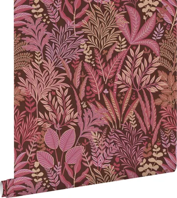 Imagen del producto de ESTAhome papel pintado hojas y flores tropicales morado berenjena y rosa 50 x 900 cm