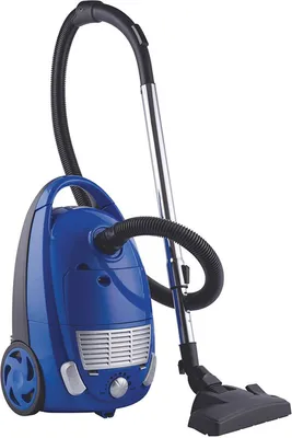 A blue bagless vacuum cleaner with a telescopic tube and floor nozzle is shown against a white background.