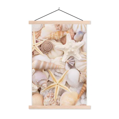Produktbild von MuchoWow® Textilposter Seestern - Muscheln - Strand - Sommer 120x180 cm mit holzfarbenen Rahmen - Textil-Plakat