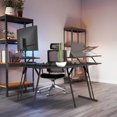 Zdjęcie produktu dla XMTECH biurko w kształcie litery L czarne, stół do gier w kształcie litery L, narożny stół do gier z półką na 2 monitory do biura, biura domowego, 120X50X73 cm