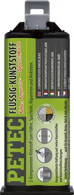 A product shot of a black and green dual-component adhesive cartridge with text and icons.