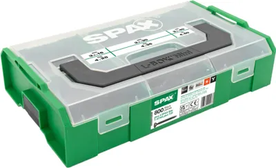 Produktbild von SPAX Montagekasten L-BOXX Mini, Schraubenset mit 6 Abmessungen, 803 Stück inkl. 3 SPAX BITs T20, Senkkopf, T-STAR plus, 4CUT, BLAX