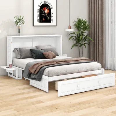 Produktbild von Flieks skriňová posteľ 140x200cm s lamelovým roštom, manželská posteľ so zásuvkou a 2 policami, posteľ pre hostí, rozkladacia posteľ, nástenná posteľ, funkčná posteľ, posteľ pre mladých, biela