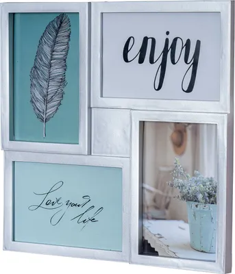 A multi-photo frame with a silver finish, displaying various images and text.