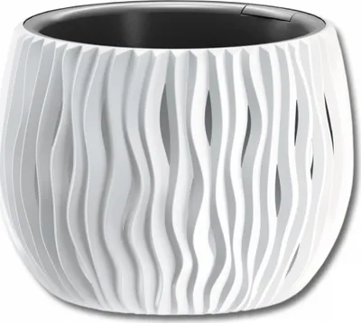 A white, wavy patterned planter pot with a black inner liner, shown against a white background.