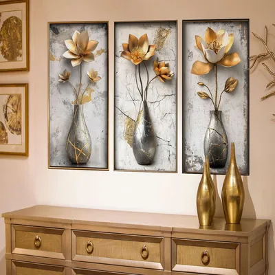 Produktbild von 3D-Wandsticker mit Blumenmotiv – Goldene Blumenvasen-Wandsticker für Wohnzimmer und Schlafzimmer