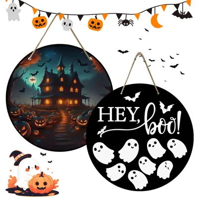 Halloween-Türkranz-Set, 2 Stück, Holz, 20x20 cm, Herbstdeko
