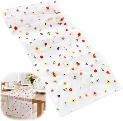 Produktbild von Tischläufer für den Frühling 70x300 cm, Gaze Tischdecke mit Blumenstickerei