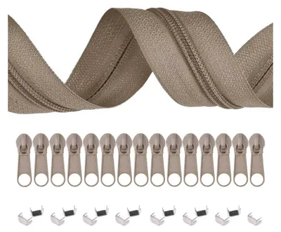 5m Endlos-Reißverschluss 3mm mit 10 Zippern und 15 Endstücke graubeige