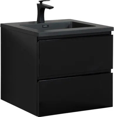 Produktbild von Badplaats Badmöbel Set mit Waschbecken und Unterschrank Angela 60 x 48 cm Schwarz Matt - Waschbeckenunterschrank mit Soft-Close und Schwarze Waschbecken, Vorgemontiert