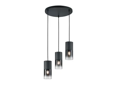 A black pendant light fixture with three cylindrical shades hanging from a circular base.